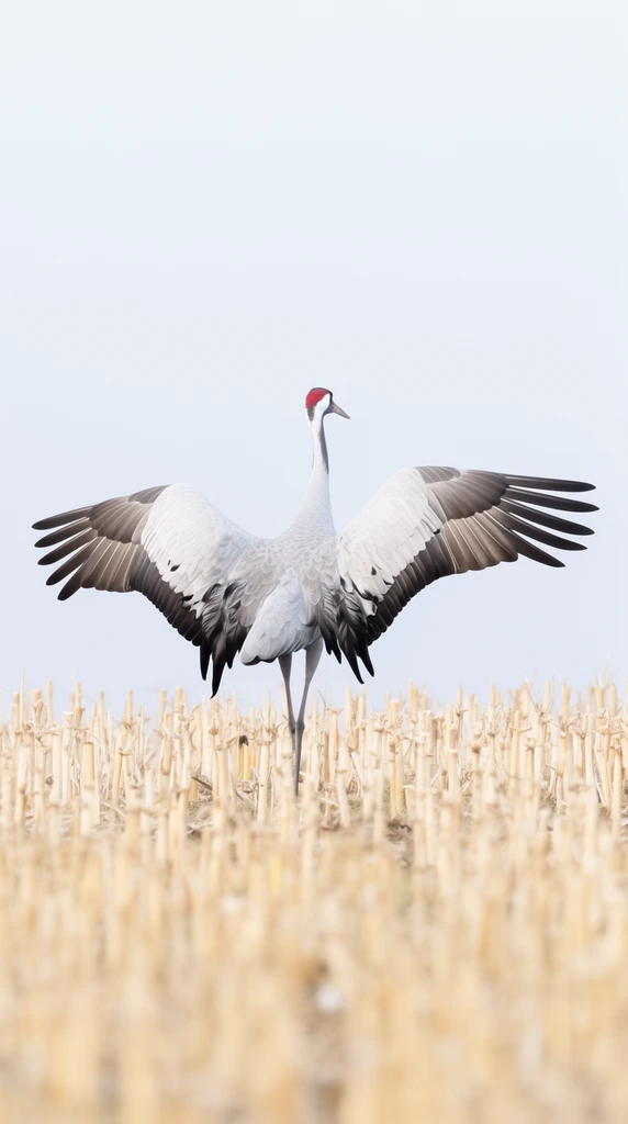 large grey crane with fully extended wings, red crown, standing in a field of dry yellow cut stalks, blurred foreground stubble, solid pale overcast sky, high key wildlife photography, telephoto lens, soft muted colors