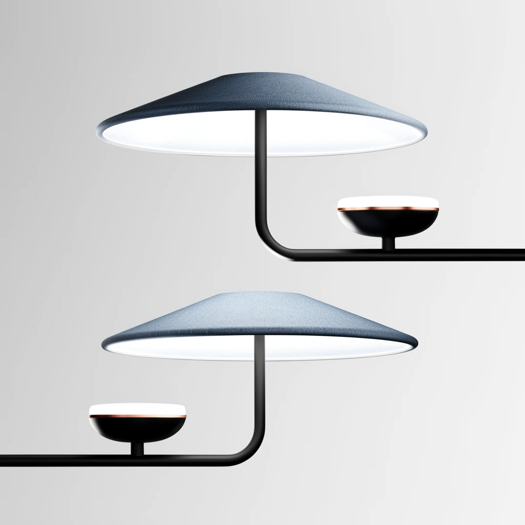 Two minimalist lighting fixtures hover against a seamless light grey backdrop. Each features a slender matte black rod bending upward to support a wide, shallow conical shade with a textured blue-grey top and a brightly illuminated white underside. A small upward-facing light node with a thin copper accent rests on the horizontal arm. The top fixture extends from the right and the bottom from the left, forming an asymmetrical, aerodynamic arrangement under sharp studio lighting.