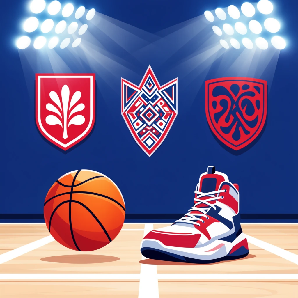 A vector-style illustration of a basketball and a high-top sneaker on a wooden court under bright stadium lights. The orange basketball with black seams hovers slightly above pale wooden floorboards marked with thick white lines. Beside it, a bulky white, red, and dark blue athletic shoe rests flat on the ground. Behind them, a solid dark blue wall features three heavily decorated, shield-shaped crests. The left crest is red with a white botanical shape, the central pointed crest contains complex red, white, and blue geometric patterns, and the right crest is a rounded red shield holding dark blue abstract forms. Two banks of intense, multi-bulb stadium lights at the top edge cast strong, semi-transparent volumetric beams downward, spotlighting the objects and crests below. The scene is rendered with crisp edges, flat colors, smooth gradients, and a clean sports graphic design aesthetic.