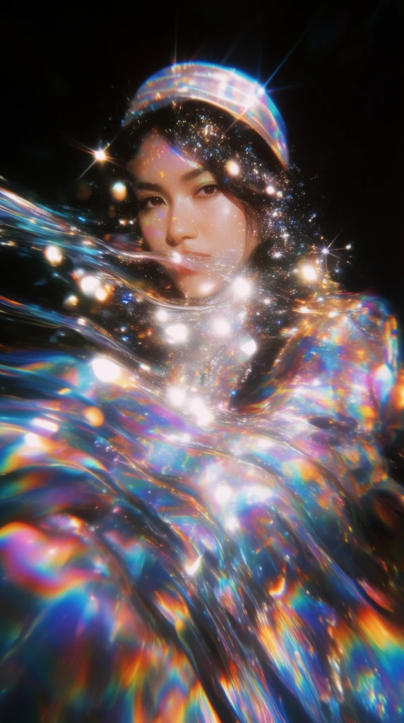 A woman wearing a headband looks directly forward against a deep black background, rendered in a highly luminous, iridescent visual style. Her form is enveloped in flowing, liquid-like waves of intense chromatic aberration, featuring vibrant rainbow spectrums of cyan, magenta, and orange. Sharp starburst lens flares, glowing white bokeh, and sparkling glitter particles scatter aggressively across the high-contrast scene. Heavy optical bloom and distorted, holographic light reflections dominate the aesthetic, creating a dazzling, heavily stylized portrait isolated within a dark void.
