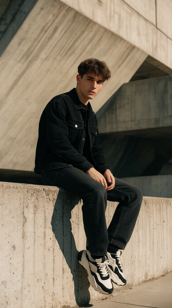 A young man in a black denim jacket and dark jeans sits on a concrete wall. Hard sunlight casts sharp shadows against the brutalist, angled concrete architecture behind him. He wears chunky two-tone sneakers. Urban fashion photography with warm natural lighting.
