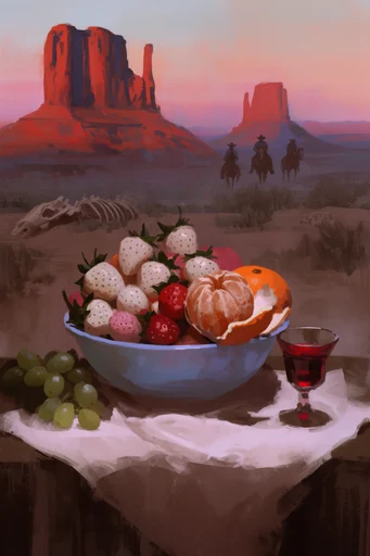 Neon Frontier Surrealism style reference image — vibrant sunset color palette