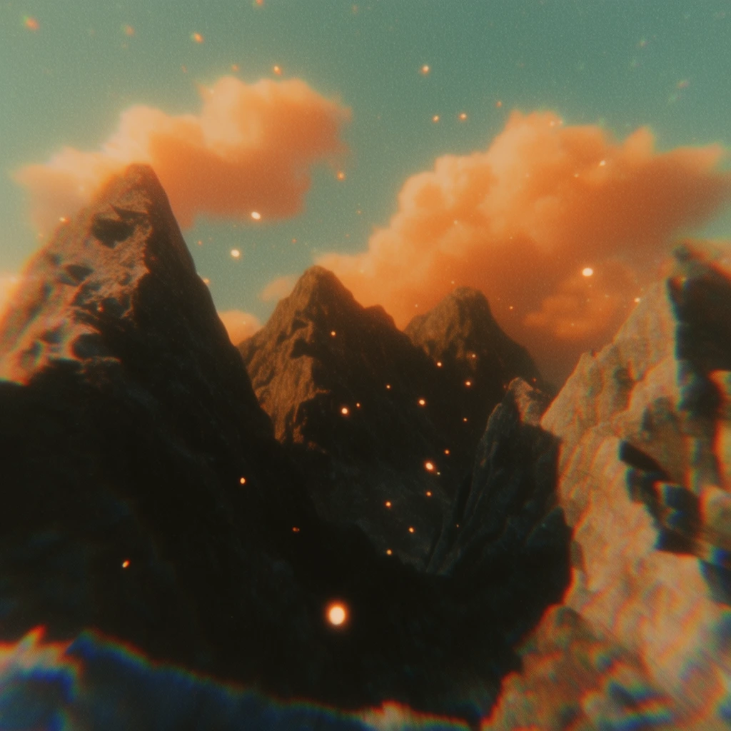 surreal mountain landscape, jagged rocky peaks casting deep shadows, glowing orange clouds in a teal sky, scattered floating light embers, prominent chromatic aberration along mountain edges, heavy film grain, soft dreamy bloom, vintage lo-fi 3D aesthetic