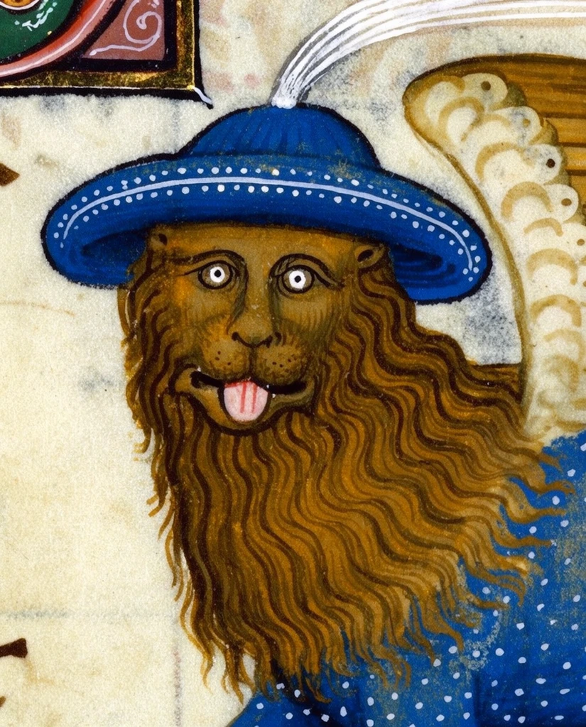 medieval manuscript illustration of a fantastical winged lion, human-like face with staring eyes and pink tongue sticking out, thick wavy brown mane, wearing a blue wide-brimmed hat with dotted trim and white tuft, blue dotted garment, scalloped cream wing, aged parchment background, stylized marginalia, rich ochre and lapis pigments, dark outlines