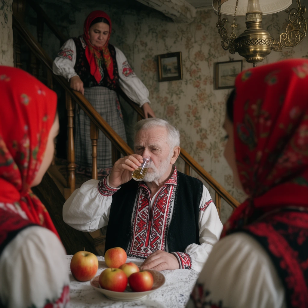 An elderly man in an embroidered shirt and black vest drinks from a small glass near a table with apples. Two women in red headscarves frame the foreground, while a third woman leans over a wooden staircase railing behind him. The vintage room features floral wallpaper and an ornate brass hanging lamp.