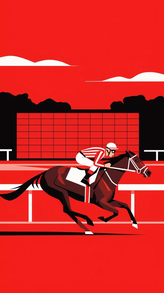 A jockey on a galloping dark brown racehorse races across a vibrant red track. The rider crouches in a red and white striped jersey and white helmet. The horse sprints past a white rail and a large grid structure against a bright red sky with flat white clouds and black tree silhouettes. The artwork is a flat vector illustration utilizing a striking minimal palette of red, black, and white with sharp geometric forms.
