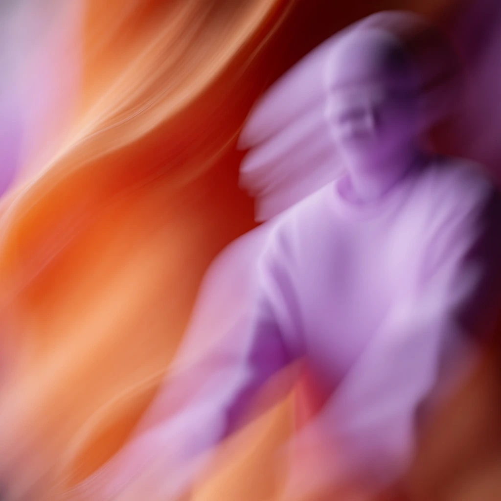 abstract composition of four women in short dresses, rendered through an extreme macro lens with a razor-thin depth of field, heavy motion blur creating sweeping diagonal orange and terracotta light trails, soft-focus lavender silhouettes, ethereal ambient glow, vaporous textures, impressionistic kinetic energy, dreamy bokeh-drenched atmosphere, saturated peach highlights against muted purple shadows, fluid silk-like forms blending into a hazy chromatic field.