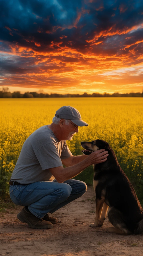 older man crouching in profile petting a black and tan dog, gray t-shirt, blue jeans, gray baseball cap, dog sitting on bare dirt path, vast field of bright yellow flowering crops, distant treeline silhouette, dramatic sunset sky with fiery orange and dark blue clouds, warm golden hour lighting, rural portrait photography