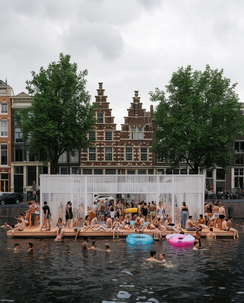 crowded floating wooden platform in an urban canal, people swimming and lounging, modern white slatted pavilion, dark water, inflatable tubes, historic stepped-gable buildings, green trees, overcast light