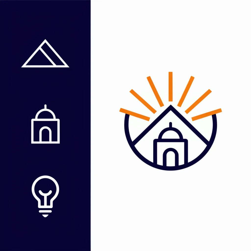 split layout flat vector graphic, dark navy left panel containing stacked white monoline icons of a geometric mountain, domed building, and lightbulb, large white right panel displaying a composite navy blue circular emblem integrating the mountain and building, five orange radial sunburst lines emerging from the top, minimalist geometric shapes, high contrast navy white and orange color palette