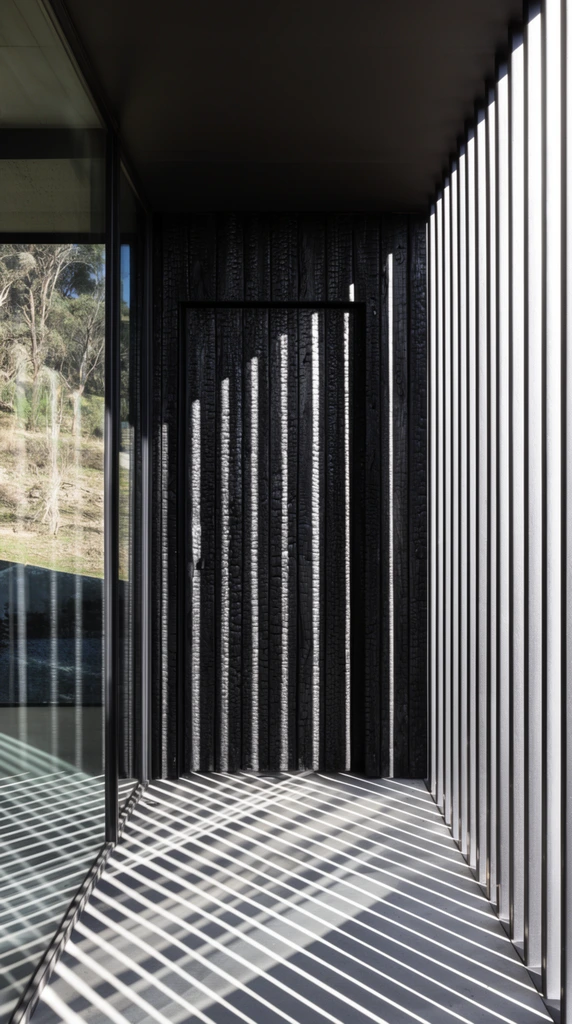 A minimalist architectural corridor defined by dramatic sunlight filtering through a continuous screen of vertical louvers on the right. The intense light casts a sharp diagonal grid of shadows across the smooth concrete floor. Straight ahead, a wall and door constructed from deeply textured, charred black timber are illuminated by stark vertical bands of white light. On the left, floor-to-ceiling glass panels reflect the geometric light patterns while revealing an outdoor hillside with sparse trees. The high-contrast architectural photography emphasizes strict geometric lines, deep chiaroscuro shadows, and the interplay between rough dark organic textures and sleek transparent surfaces.