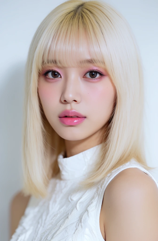 A Korean female model in her early 20s, platinum blonde hair with straight full bangs, doll-like facial features, soft rounded face with gentle jawline, large clear eyes, dreamy expression, porcelain skin, pink-toned makeup, ethereal and cute 분위기, editorial beauty portrait, soft studio lighting, high detail, realistic skin texture