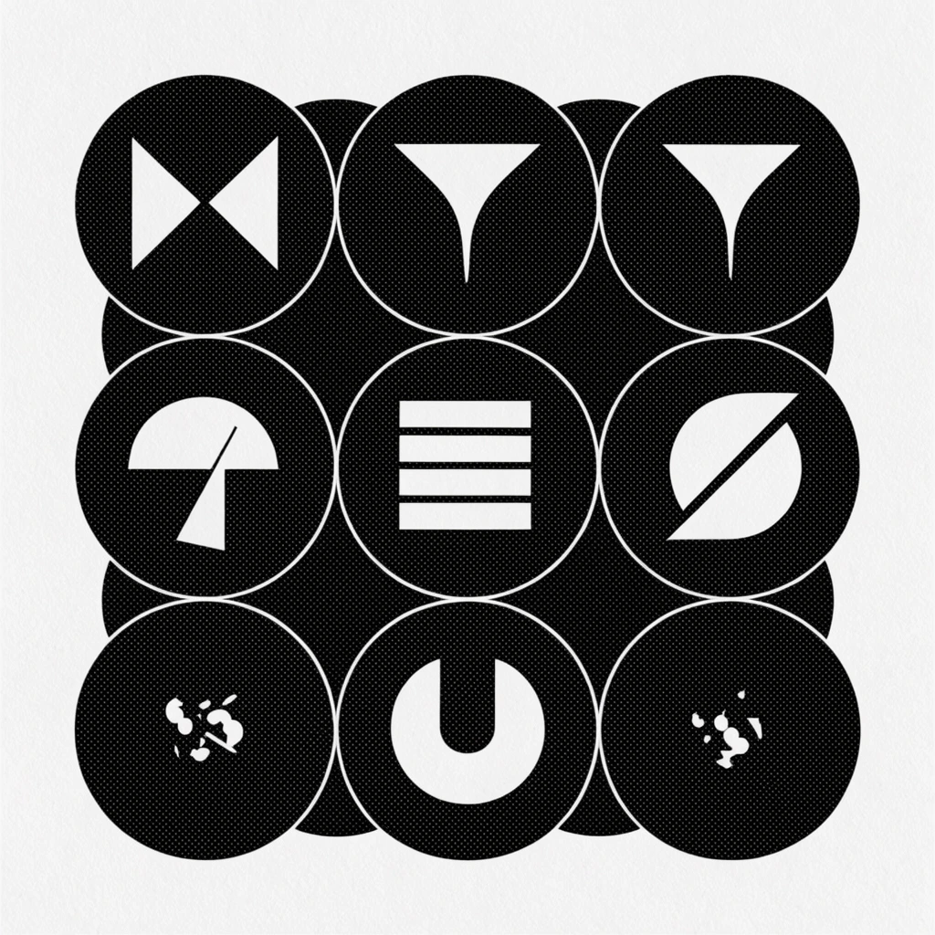 square grid of nine overlapping black circles on a textured white background, monochromatic graphic design, circles filled with fine white halftone dots, thin white rings at intersections, bold white geometric cutouts centered inside the circles, rigid right-angles, bisected triangles, bifurcated funnels, stacked horizontal rectangles, a semi-circle with a diagonal strut, rotated solid horseshoe shape, tiny abstract white clusters in bottom circles, high contrast minimalist optical art, sharp edges