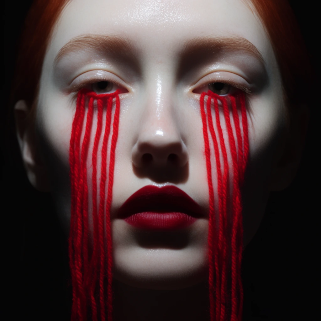 A tight close-up portrait of a pale woman with red hair against a pitch-black background. Thick strands of bright red yarn fall vertically from her lower eyelids down her cheeks like surreal tears. Her face features faint eyebrows, deep red lipstick, and glossy skin illuminated by dramatic frontal lighting that casts the edges of her jawline into deep shadow.