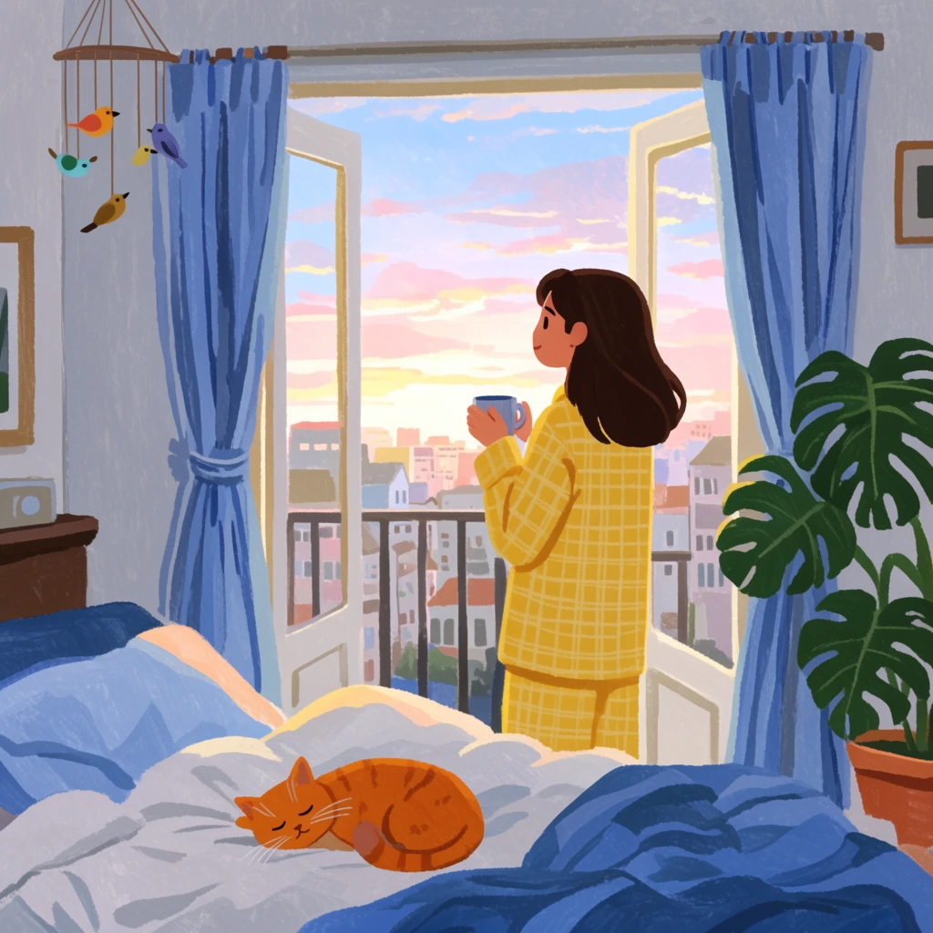 young woman in yellow checkered pajamas holding a mug, looking out an open balcony door at a pastel city sunrise, foreground shows a cozy bedroom with a sleeping orange cat on an unmade bed with blue blankets, tied-back blue curtains, potted monstera, hanging bird mobile, lo-fi 2D illustration, warm morning sunlight, textured brushstrokes