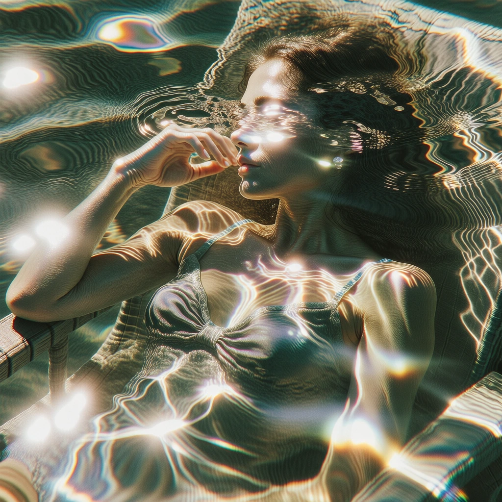 a woman reclines in a chair, hand near her face, seen through the distortion of undulating water ripples, heavy caustic light projections dancing across her skin, prismatic chromatic aberration on every edge, palette of deep emerald and sun-drenched gold, high-key light flares, ethereal soft-focus, heavy analog film grain, liquid refractive textures, shimmering iridescent highlights, dreamy atmosphere, distorted organic shapes, intimate close-up.