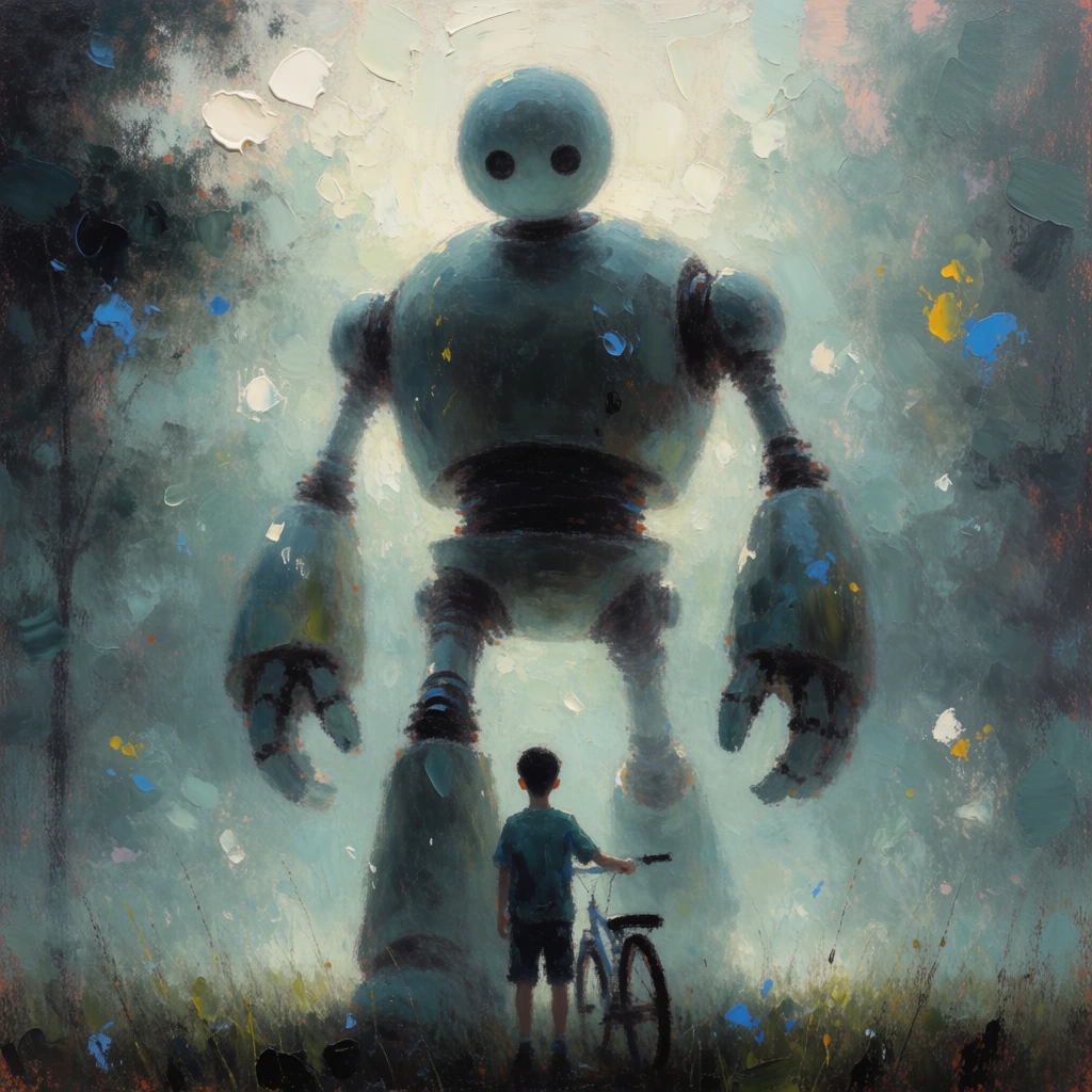 ethereal impressionist oil painting, heavy impasto with lost-and-found edges, a monolithic giant robot with a spherical head and circular eyes and clawed hands centered in the frame, standing over a tiny boy from behind holding a bicycle between its massive legs, sparse grass, ethereal backlighting through dense atmospheric haze, moody palette of desaturated teal and charcoal with vibrant dabs of cerulean and yellow, soft-focus dreamlike textures, scumbled finish, expressive brushwork