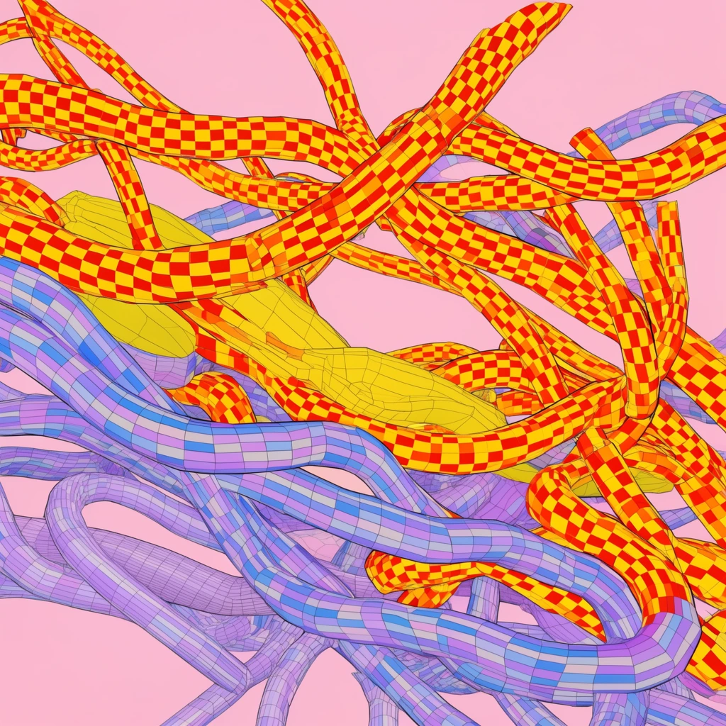 Tangled abstract 3D tubes, floating checkered ropes in bright yellow red blue and purple, black wireframe contours, solid pastel pink background, surreal cel-shaded pop art rendering
