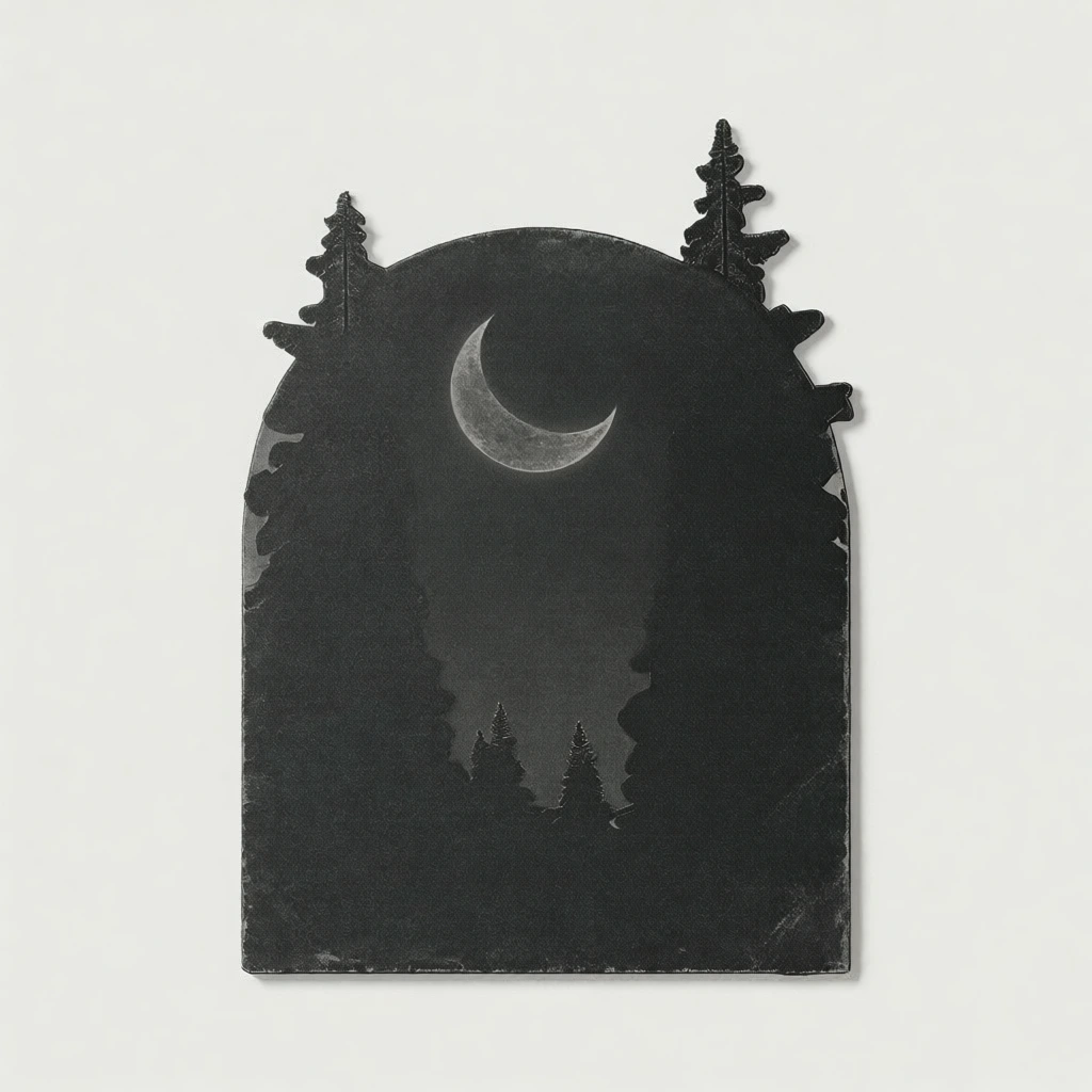 a glowing crescent moon centered between the silhouettes of two tall foreground trees, positioned above a level row of smaller pine trees, all rendered in a monochromatic charcoal and faded black palette, featuring a heavy vintage mineral wash texture with gritty salt-and-pepper grain, distressed patina, matte finish, minimalist flat-lay composition centered against a solid neutral light gray background, diffused studio lighting with subtle soft-edge shadows.