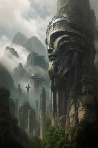 Monolithic Overgrown Futurism style reference image — decaying futuristic architecture