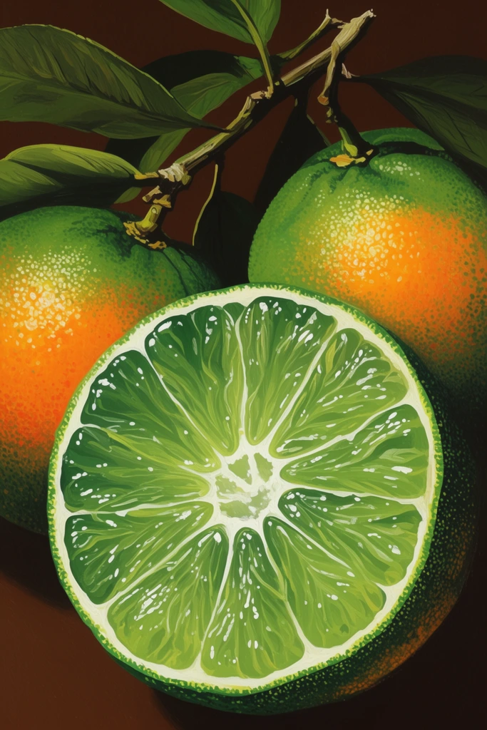 A stylized close-up painting of citrus fruits against a dark brown backdrop. A halved vibrant green fruit dominates the foreground, exposing glistening juicy segments and bright white pith. Two whole fruits behind it feature heavily textured skin transitioning from vivid green to warm orange, attached to a woody stem with veined leaves. Saturated colors, dramatic lighting, and subtle edge stippling create a rich aesthetic.