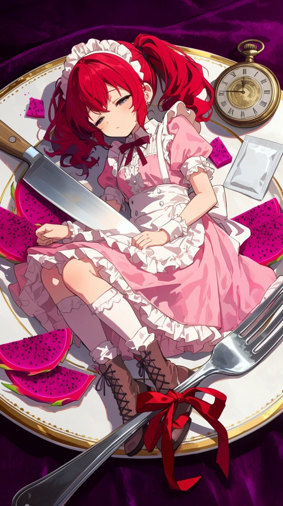 top-down macro anime illustration of a miniature girl lying on a gold-rimmed white plate, sleepy expression, vibrant crimson twin-tails, Victorian pink maid outfit, giant kitchen knife diagonally across her torso, oversized silver fork with a red ribbon near her laced boots, scattered pink dragon fruit slices, blank sweetener packet, vintage brass pocket watch near her head, deep purple velvet tablecloth background, dramatic hard lighting, sharp diagonal shadows, detailed cell-shaded art