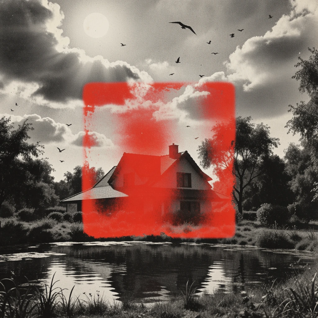 black and white high-grain film photography of a house surrounded by trees next to a pond under a cloudy sky with a visible sun and birds, modernist graphic design aesthetic, gritty photocopy texture, high contrast halftone effects, featuring a large semi-transparent vibrant red square overlay positioned centrally over the scene, blurred and textured paint-like distortions within the red square, mid-century experimental photography style, tactile vintage paper grain.
