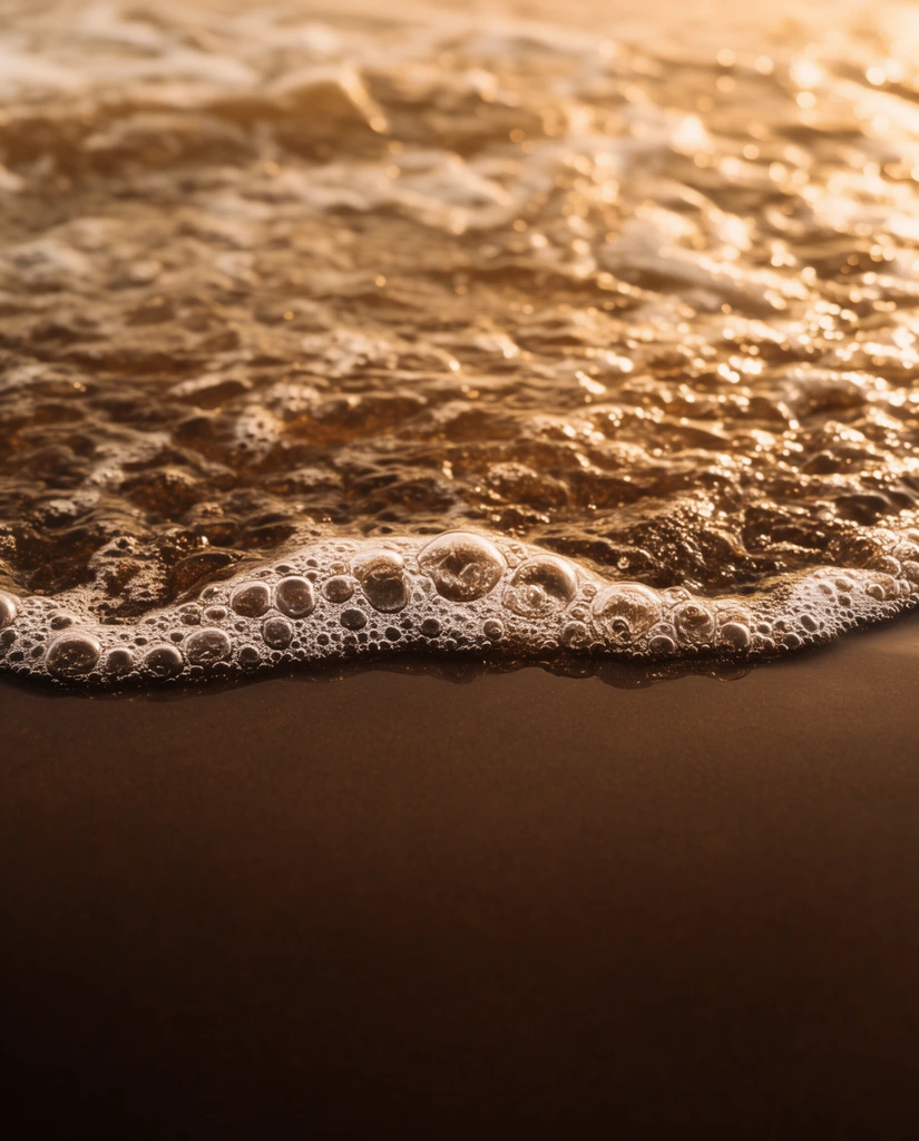 A golden ocean wave washes onto smooth dark sand in a macro close-up view. The water's leading edge forms a delicate line of bubbling white foam contrasting sharply against the wet, deep brown foreground. Warm amber sunlight illuminates translucent bubbles and creates brilliant specular highlights across the rippling surface. A shallow depth of field keeps the intricate foam edge in crisp focus while softly blurring the churning, sunlit water in the background.