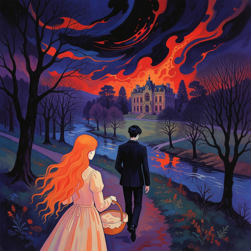 a woman and a man walking on a path toward an ornate building among bare trees next to a stream, rendered in a psychedelic mythological style with deep indigo voids, smoldering amber and vermillion vapor clouds, flowing art nouveau linework, incandescent cyan highlights, fine stippled grain texture, high contrast painterly brushwork, ethereal cosmic atmosphere, glowing under-lit perspective, celestial noir aesthetic, vibrant saturated palette, stardust accents