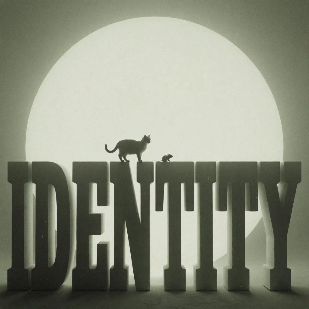 a small silhouetted domestic cat and tiny mouse perched atop massive monumental block-serif text, a giant luminous orb with marble-swirl textures dominating the background, ethereal diffused backlighting, monochrome desaturated olive-drab palette, heavy atmospheric haze, dense fog, high-grain film texture, gritty photographic noise, soft-focus dreamlike aesthetic, painterly liminal space, cinematic vignette, high contrast silhouette composition