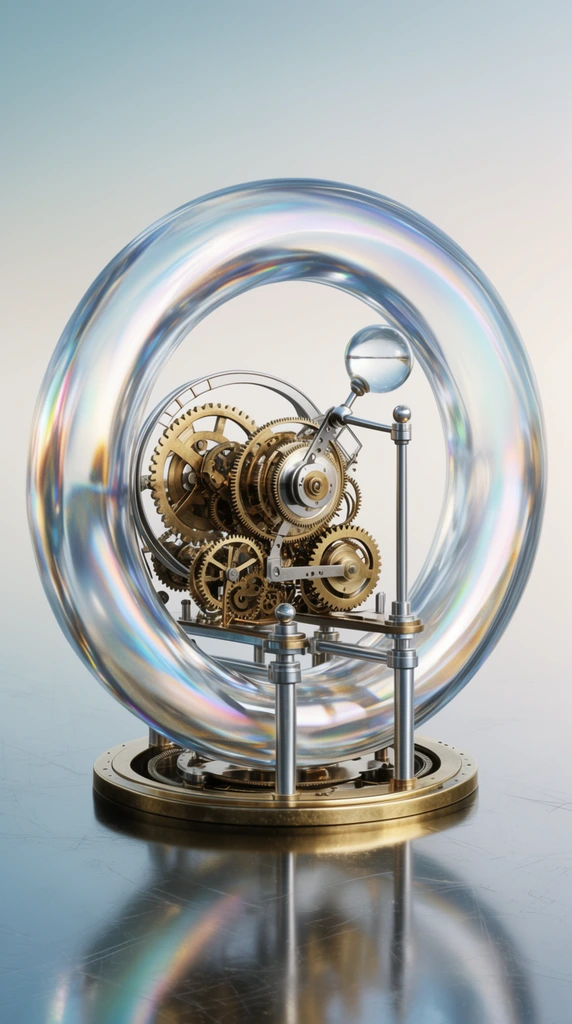 large transparent iridescent torus, intricate mechanical clockwork, brass gears, silver metal rods, small glass sphere on pivoting arm, circular brass base, glossy reflective floor with subtle scratches, smooth gradient background pale blue to off-white, photorealistic 3D render, studio lighting, sharp focus, macro composition, metallic textures, soft shadows
