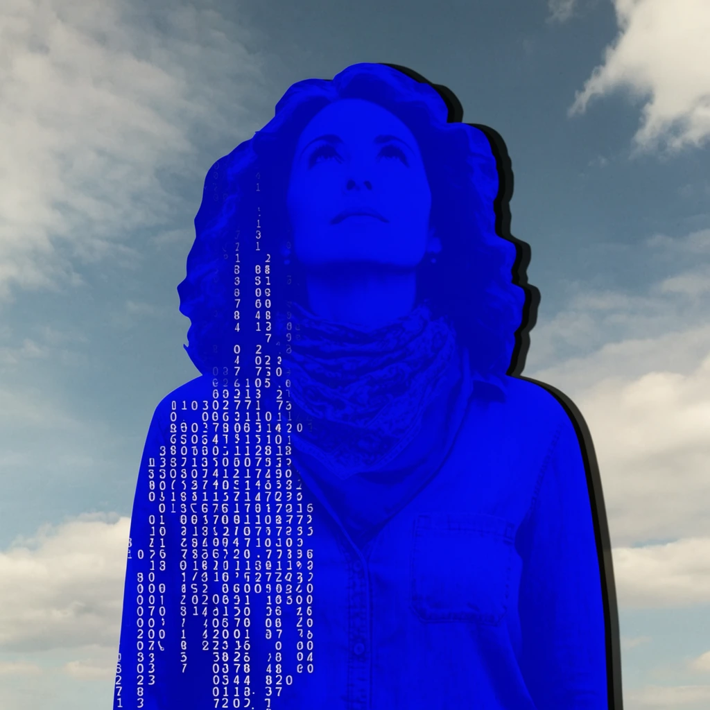 A flat, highly saturated cobalt blue cutout silhouette of a woman looking upwards stands in the foreground against a photorealistic sky with scattered clouds. The woman's form is rendered entirely as a uniform, vibrant ultramarine blue graphic, with its contour and interior defining her voluminous wavy hair, a button-up shirt with a chest pocket, and a patterned scarf around her neck. Crisp, white, monospaced digital numbers and typographic code cascade vertically down the left half of her solid blue figure. A harsh, dark drop shadow borders the right edge of her flat silhouette, amplifying a two-dimensional, collaged aesthetic. Behind this striking graphic subject, the realistically rendered, slightly desaturated sky and soft clouds create a stark spatial and textural juxtaposition between the photographic environment and the digitally textured foreground element.
