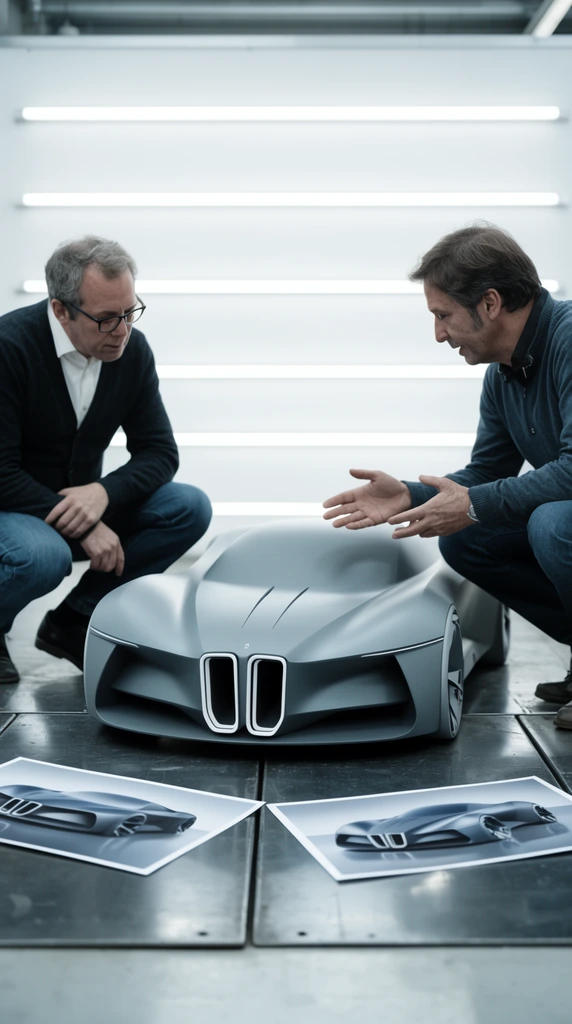 Two men crouch in a pristine industrial design studio examining a physical mockup of a futuristic sports car. The bespectacled man on the left wears a dark cardigan, while the man on the right gestures toward the matte grey vehicle model featuring prominent twin vertical air intakes outlined in white. Two printed vehicle renders rest on the dark metal floor panels beneath them. The background features a white wall illuminated by continuous horizontal light strips. Diffused, cool lighting and a shallow depth of field emphasize the sculpted curves of the automotive model in this documentary-style photograph.