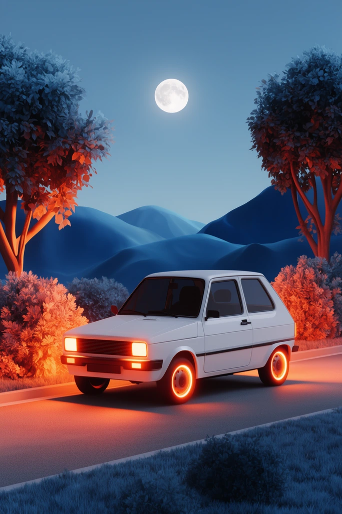 A white boxy vintage hatchback parked on a road under a twilight blue sky and full moon. Glowing orange headlights and wheel rims cast intense warm light onto nearby stylized trees and bushes. Smooth blue mountains form the backdrop in this clean 3D digital rendering, contrasting cool ambient moonlight with the vehicle's fiery illumination.