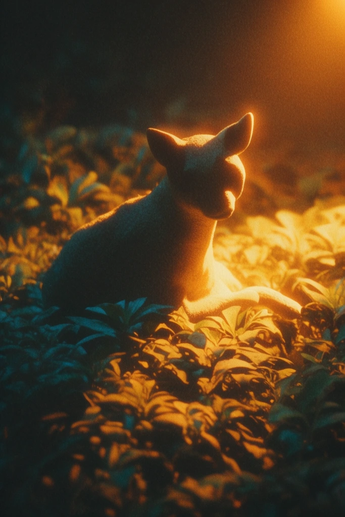 A stylized animal resting on dense foliage, illuminated by a stark, warm, directional light source from the upper right. The intense, golden-amber illumination casts deep, heavy shadows across the left side of the animal and the layered leaves, creating a dramatic, high-contrast chiaroscuro effect. The brightly lit edges of the animal's form and the uppermost surfaces of the foliage exhibit subtle halation and a soft, glowing rim light. Deep, murky cyan and darkened teal tones dominate the heavy shadow areas, contrasting sharply with the intense tungsten-like warmth of the highlights. The composition is intimately framed with a shallow depth of field, plunging the surrounding environment into dark, completely blurred shapes. A prominent, coarse film grain permeates the entire scene, combining with a slightly soft optical focus to produce a moody, vintage analog photography aesthetic resembling heavily textured, high-ISO cinematic film stock.