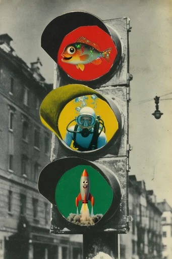 Surreal Analog Retro-Collage style reference image — analog paper collage