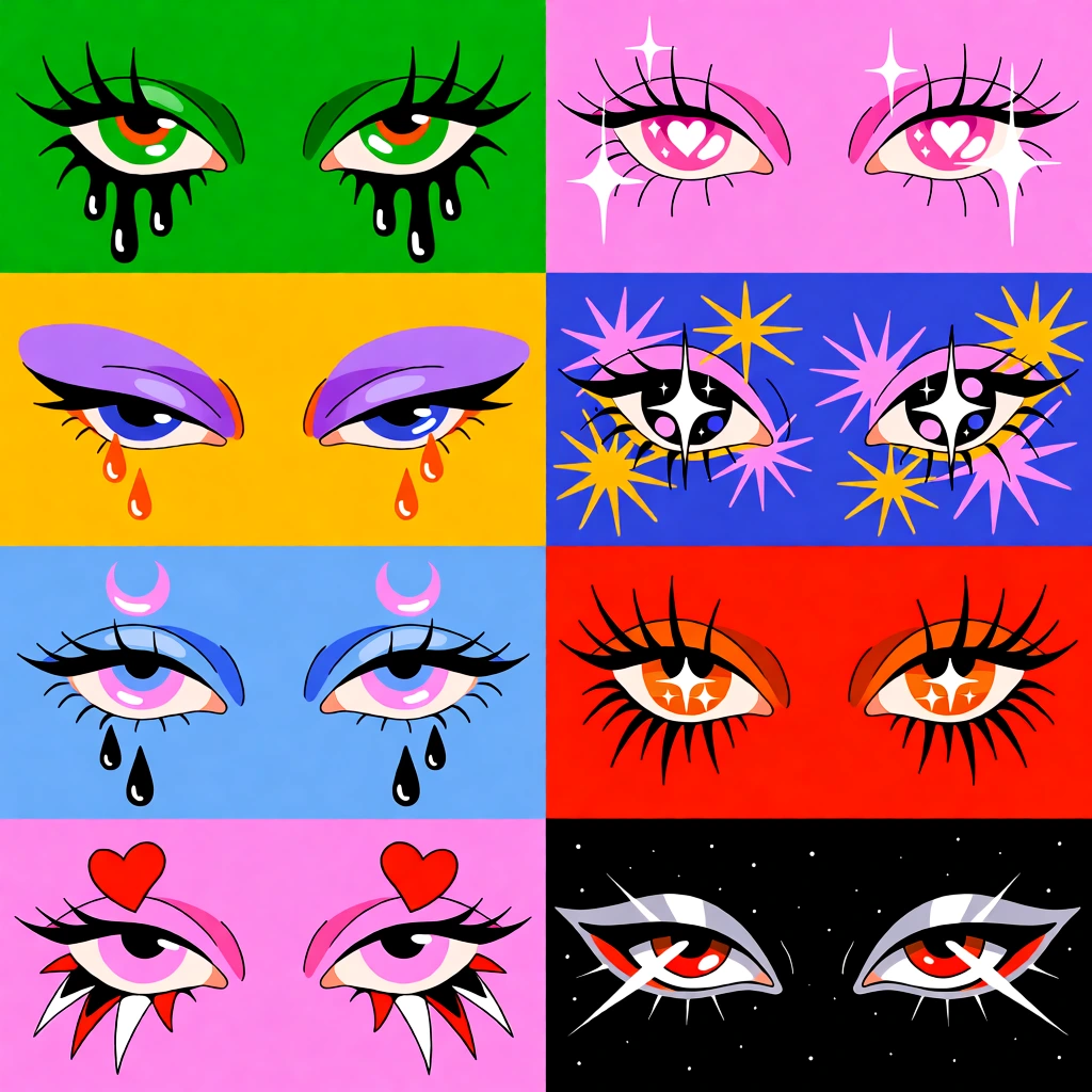 An eight-panel grid features various artistic interpretations of stylized eyes, each set against a different solid-colored background with unique makeup and decorative elements. The top-left panel contains a pair of green eyes with orange pupils on a bright green background, featuring long black eyelashes that appear to drip downward like liquid. Beside it, the top-right panel shows pink eyes with white heart-shaped reflections on a pink background, surrounded by thin, spider-like lashes and white four-pointed star glints. In the second row, the left panel depicts downward-looking blue eyes with purple eyeshadow on a yellow background, with orange teardrops falling from the lower lids, while the right panel displays cosmic eyes on a dark blue background filled with yellow and pink starbursts and white starlight in the pupils. The third row begins with a set of eyes on a light blue background, where the lids are partially closed to reveal pink and blue crescent moon shapes in the irises above falling black teardrops. To its right, the next panel on a red background showcases intense orange eyes with pupils containing four-pointed stars and sharp, needle-like black lashes. The bottom-left panel features pink irises on a pink background, with red hearts positioned on the upper eyelids and sharp, white and red jagged shapes pointing downward from the lower lids. The final bottom-right panel on a black background illustrates futuristic eyes with metallic white highlights, red pupils, and sharp white rays, set against a backdrop of small white dots resembling distant stars. The entire composition utilizes a bold illustrative style with flat color palettes, heavy black outlines, and symmetrical arrangements within each rectangular frame.