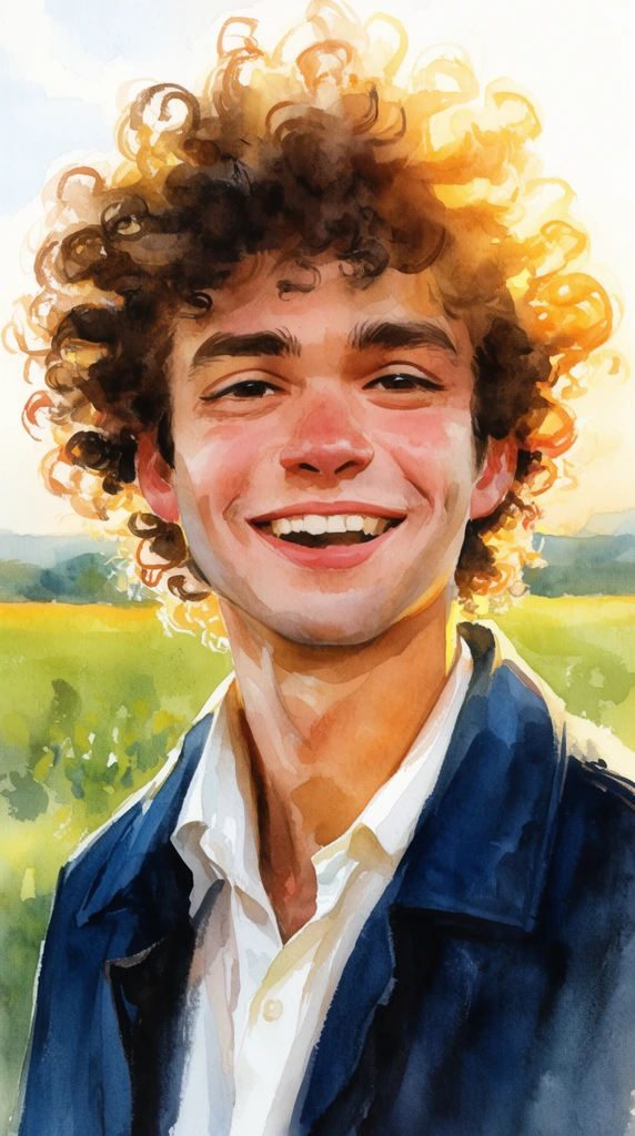 smiling young man, voluminous curly hair, dark blue jacket, white collared shirt, expressive watercolor portrait, glowing sunlit rim lighting, loose brushstrokes, blurred rural field background