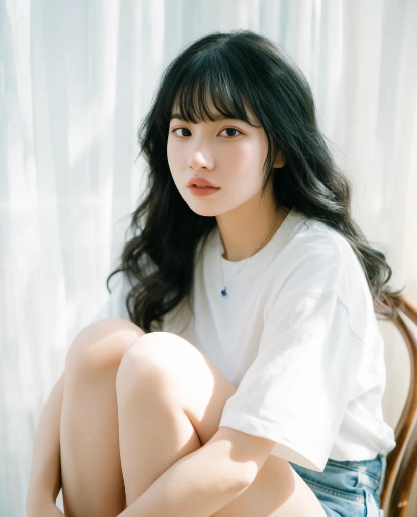 Young Asian woman with long wavy black hair and bangs gazing at the camera, wearing a loose white short-sleeve t-shirt and denim shorts, small silver necklace with a blue pendant, seated with bare knees drawn up, bathed in bright natural sunlight, high-key lighting creating a luminous glow on fair skin, softly blurred sheer white curtains in the background, edge of a curved wooden chair, airy lifestyle portrait photography, soft shadows, shallow depth of field