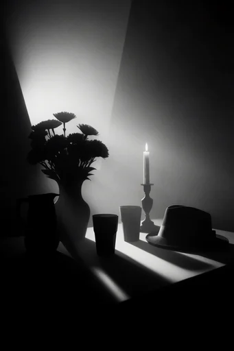 Atmospheric Monochromatic Noir style reference image — heavy film grain