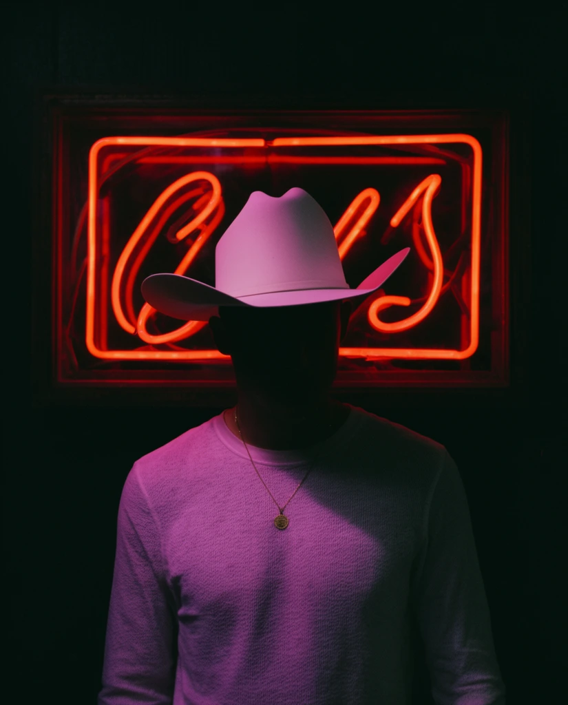 A solitary figure wearing a white cowboy hat stands shrouded in deep shadow against a pitch-black background, framed from the chest up. The person's face is entirely obscured by darkness, creating a mysterious silhouette. They wear a light-colored, textured long-sleeve knit shirt and a delicate gold pendant necklace. Directly behind their head, a vibrant red-orange neon sign composed of glowing, curving glass tubes enclosed in a dark rectangular frame casts an intense atmospheric glow. A secondary magenta light source strikes the subject from the front, illuminating the chest of the shirt and the underside of the wide hat brim, resulting in a striking color contrast against the dark environment. The low-key lighting establishes a moody, neo-western cinematic aesthetic with heavy shadows, rich neon highlights, and a slightly grainy photographic texture.