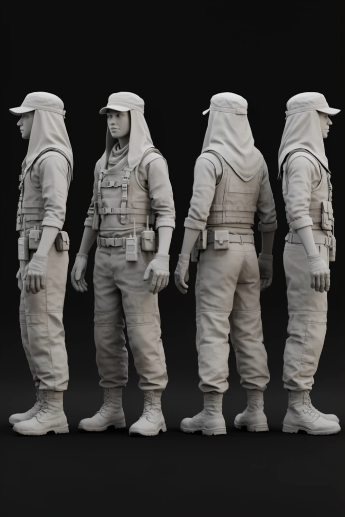 Four untextured matte grey 3D character models stand in a turnaround sequence against a solid black background, displaying left profile, front three-quarter, rear three-quarter, and right profile views. The figures wear layered tactical desert gear comprising a cap with a draping neck flap, a strapped utility vest, loose reinforced trousers, gloves, and boots. Belt accessories include small pouches and a radio. The characters maintain a neutral standing pose with arms relaxed under soft even studio lighting.