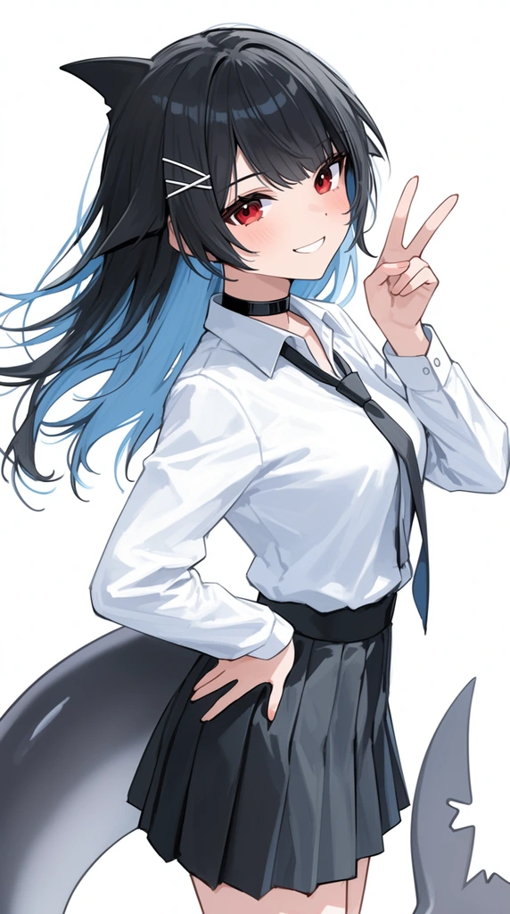 An anime-style illustration of a smiling girl with shark traits isolated on a pure white background. She has long black hair with light blue inner layers blowing in the wind, a black dorsal fin protruding from her head, and a smooth grey shark tail extending behind her. Featuring large red eyes, subtle blush, and two crossed white hairpins, she wears a crisp white long-sleeved collared shirt, a loose black tie, a black choker, and a dark grey pleated skirt. She angles her body slightly away and looks back over her shoulder, resting one hand on her hip while raising the other in a peace sign near her face. The artwork highlights clean linework, bright even lighting, and precise cel-shaded coloring.
