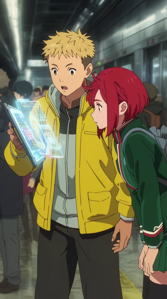 Two anime-style teenagers in a futuristic train station. A spiky blonde-haired boy in a yellow jacket holds up a glowing holographic tablet with a surprised expression. Beside him, a short-haired redheaded girl in a green uniform leans forward, looking in the same direction. The background features blurred passengers and metallic walls. Crisp 2D animation with cinematic lighting and shallow depth of field.