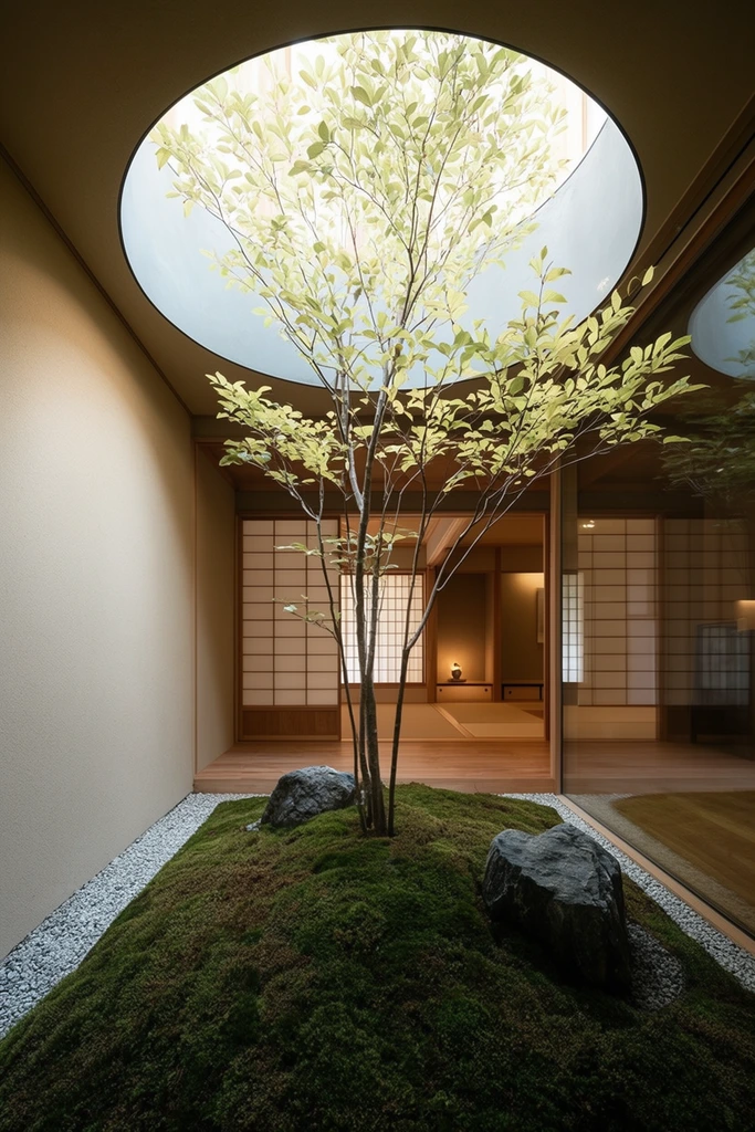 indoor Japanese garden, large circular skylight above illuminating a slender tree with light green leaves, mossy mound on the ground with two dark gray rocks, narrow gravel border along a plain beige wall on the left, glass wall on the right reflecting the scene, background features a traditional Japanese room with sliding shoji doors, wooden floors, soft ambient lighting, serene atmosphere, natural light pouring in from above, architectural photography, symmetrical composition, calming earth tones