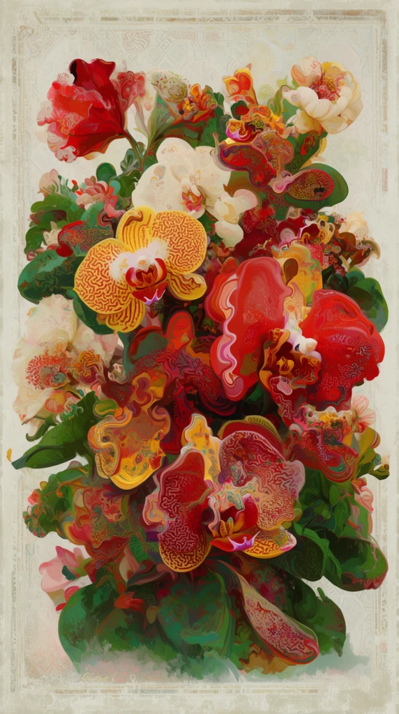 A densely packed, surreal arrangement of morphing botanical elements painted in vivid hues of crimson, gold, and cream against a pale textured parchment background. The chaotic floral composition features bulbous fleshy petals and distorted blossoms resembling orchids and peonies, interwoven with rich emerald green foliage. Intricate labyrinthine patterns and coral-like textures cover the deep red and bright yellow petals, creating a hallucinatory organic complexity. The central mass of blooming forms appears to melt and fuse together, layered with dense digital brushstrokes. The pale background is subtly detailed with faint geometric motifs, framing the vibrant central bouquet within a distressed vintage-style border.