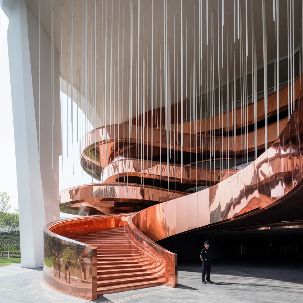 reflective copper-colored metallic spiral structure defining a modern building facade, grand sweeping staircase with copper cladding, thin white vertical rods suspended from a high ceiling, polished reflective surfaces, dark recessed ground level, security guard in dark uniform standing at the base, massive white structural pillar, bright daylight, wide-angle architectural photography