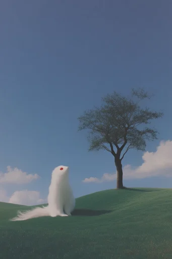 Liminal Surrealist Pastoral style reference image — vibrant green hills