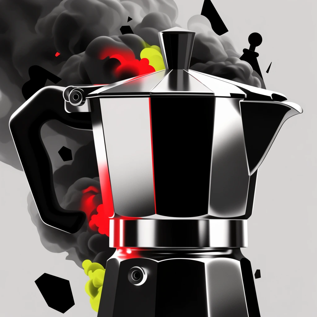 An angular moka pot surrounded by voluminous smoke is rendered in a sleek, high-contrast black-and-white digital graphic style punctuated by vivid selective color accents. The highly detailed metallic coffee maker stands in sharp profile against a flat, pale gray background, defined by deep blacks, stark whites, and smooth gray gradients. Dense, smooth-shaded dark smoke billows around the back and top of the pot, seamlessly intermixed with crisp, solid-black 2D vector shapes and sharp, floating geometric silhouettes. Dramatic chiaroscuro lighting casts intense, studio-style white rim highlights along the moka pot's faceted contours. Hyper-saturated splashes of glowing crimson red and bright yellow-green create striking visual focal points, selectively illuminating specific metallic planes and dense clusters within the dark vapor. The visual execution merges smooth, 3D-like volumetric shading on the main subject and smoke with precise, sharp-edged graphic design aesthetics, producing a bold, modern pop-surrealist composition.