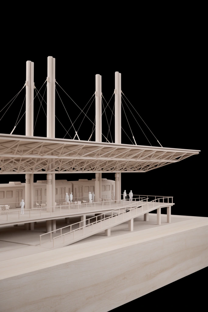 A monochromatic, pale wood architectural scale model of a train station platform, set against a stark black background. The structure features a large, flat, overhanging roof supported by a complex network of trusses and thick cylindrical columns. Two pairs of tall, mast-like pillars rise above the roof, with thin tension cables connecting them to the canopy edges. Below the roof, the raised platform level accommodates a stylized train car, several seating areas with chairs and tables, and small, featureless white human figures to indicate scale. A sloped ramp with railings descends from the platform level. The base of the model is a thick, solid block with visible wood grain, representing the ground or foundation. The lighting is even and soft, highlighting the intricate structural details and the uniform texture of the model material.
